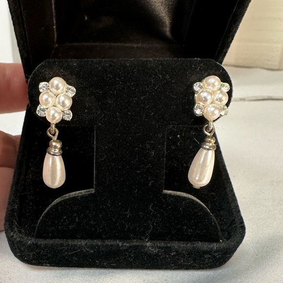 Dainty drop pear bead dangle earrings rhinestones - Picture 2 of 7